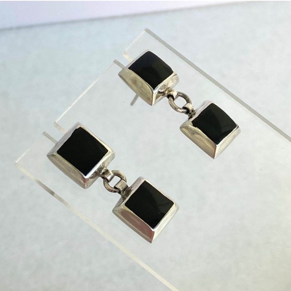 Silpada Sterling Silver 925 Double Square Black Onyx Pierced Dangle Earrings